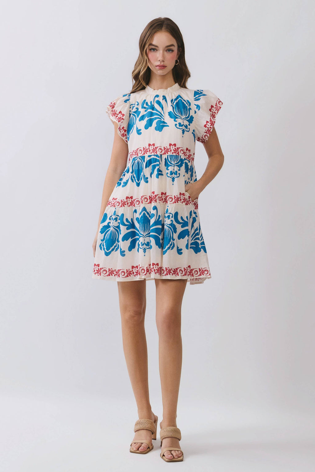 Red and Blue Floral Print Tiered Mini Dress