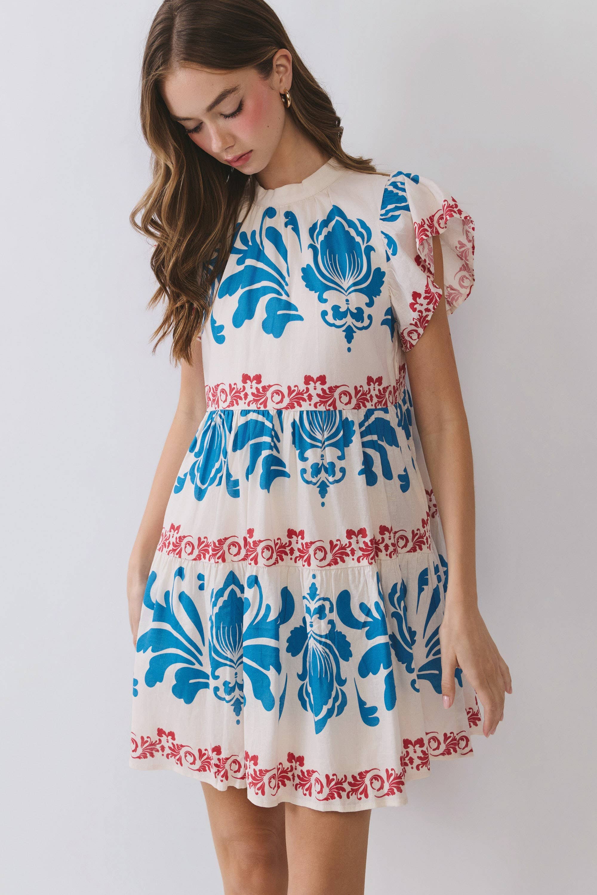 Red and Blue Floral Print Tiered Mini Dress