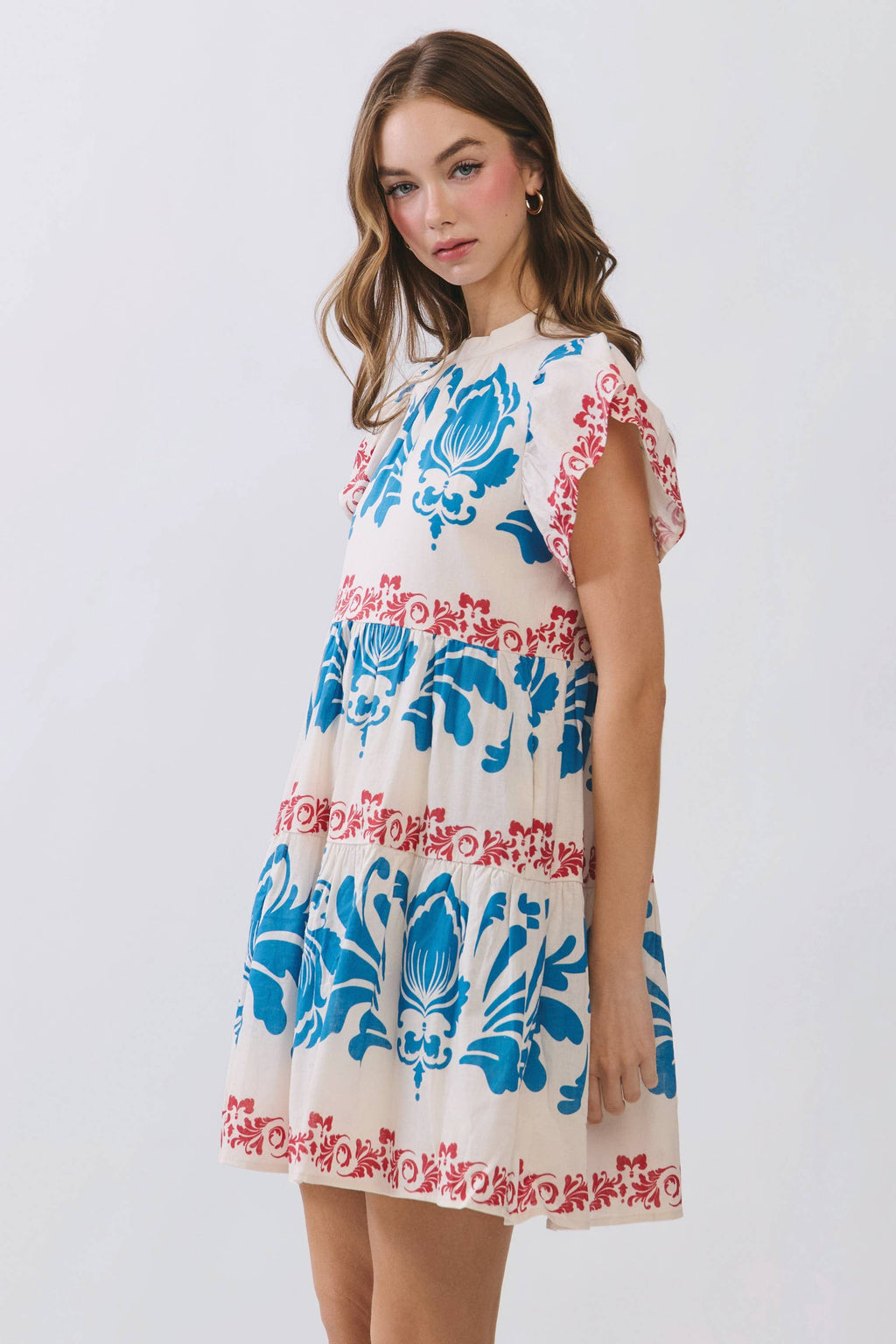 Red and Blue Floral Print Tiered Mini Dress