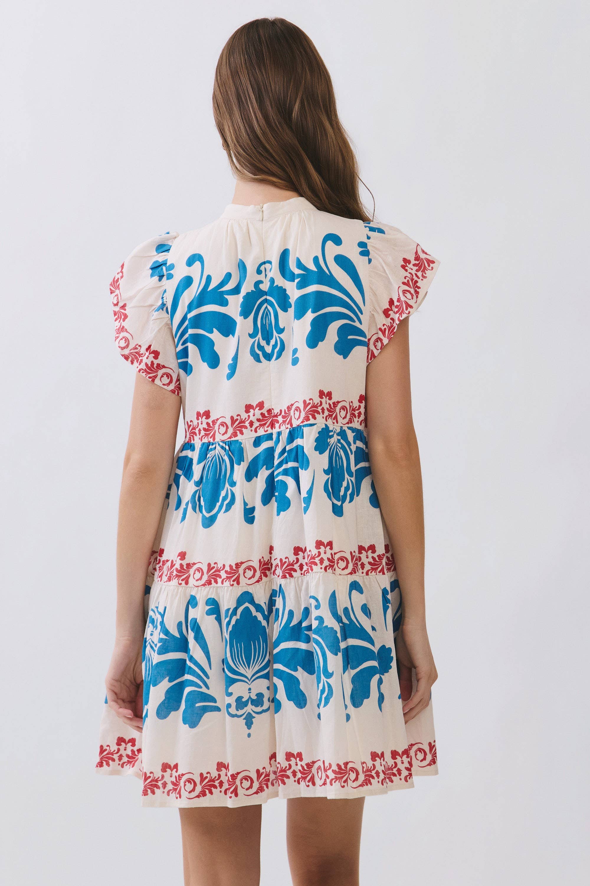 Red and Blue Floral Print Tiered Mini Dress