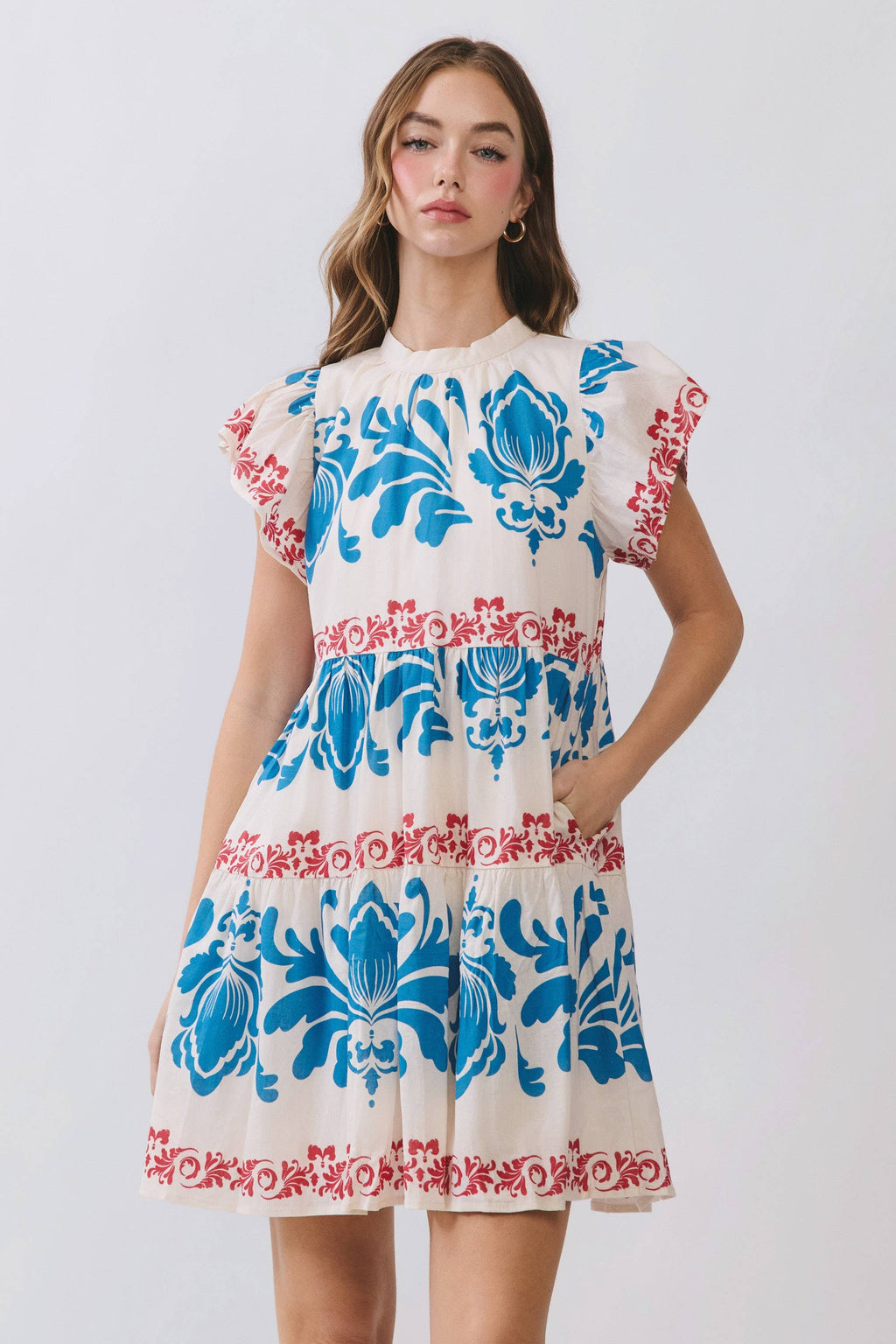 Red and Blue Floral Print Tiered Mini Dress